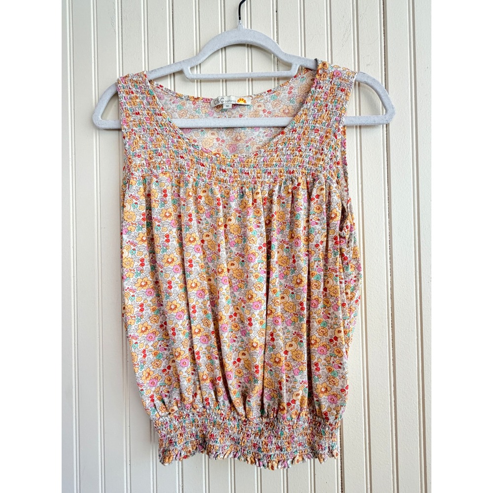 C&C California Feminine Soft Pastel Floral Smocked Sleeveless Rayon - Top Medium